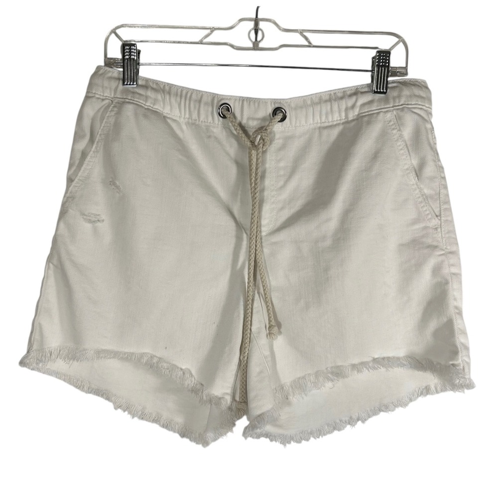 Aerie Womens White Distressed Denim Shorts Elastic Waist Rope Drawstring Size M
